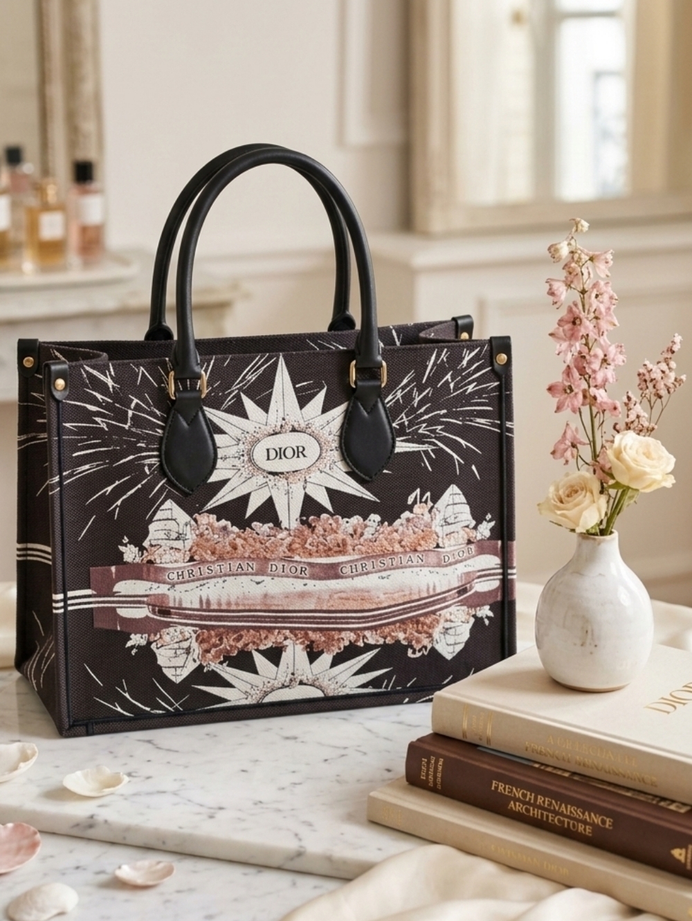 Black Tote with Pink and White Graphic Leather